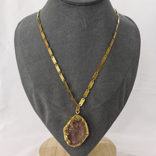Collar de cadena de placas con dije de drusa de cuarzo - Mariana Osorno Joyería