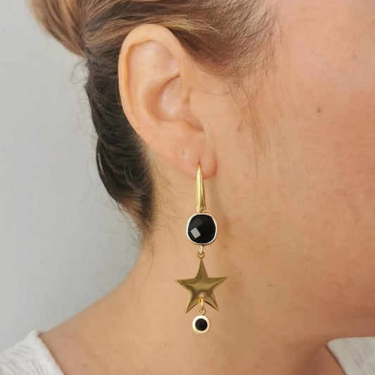 Aretes de gancho largos piedra-estrella-piedra - Mariana Osorno Joyería