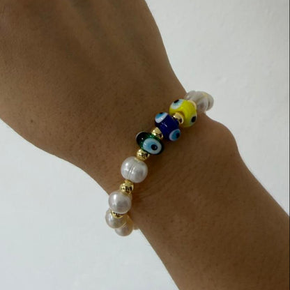 PULSERA ELASTICA OJO TURCO CON PERLA DE RIO