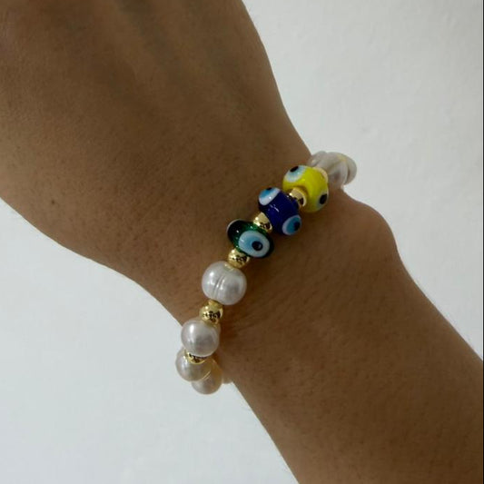 PULSERA ELASTICA OJO TURCO CON PERLA DE RIO