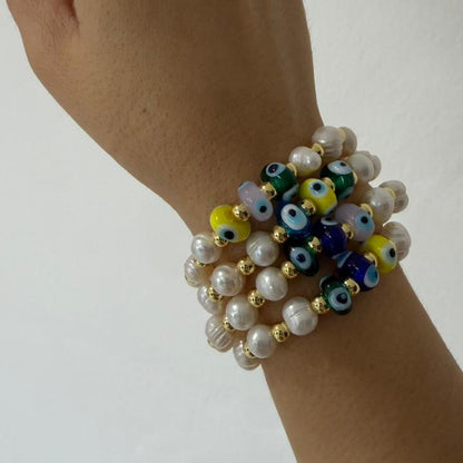 PULSERA ELASTICA OJO TURCO CON PERLA DE RIO